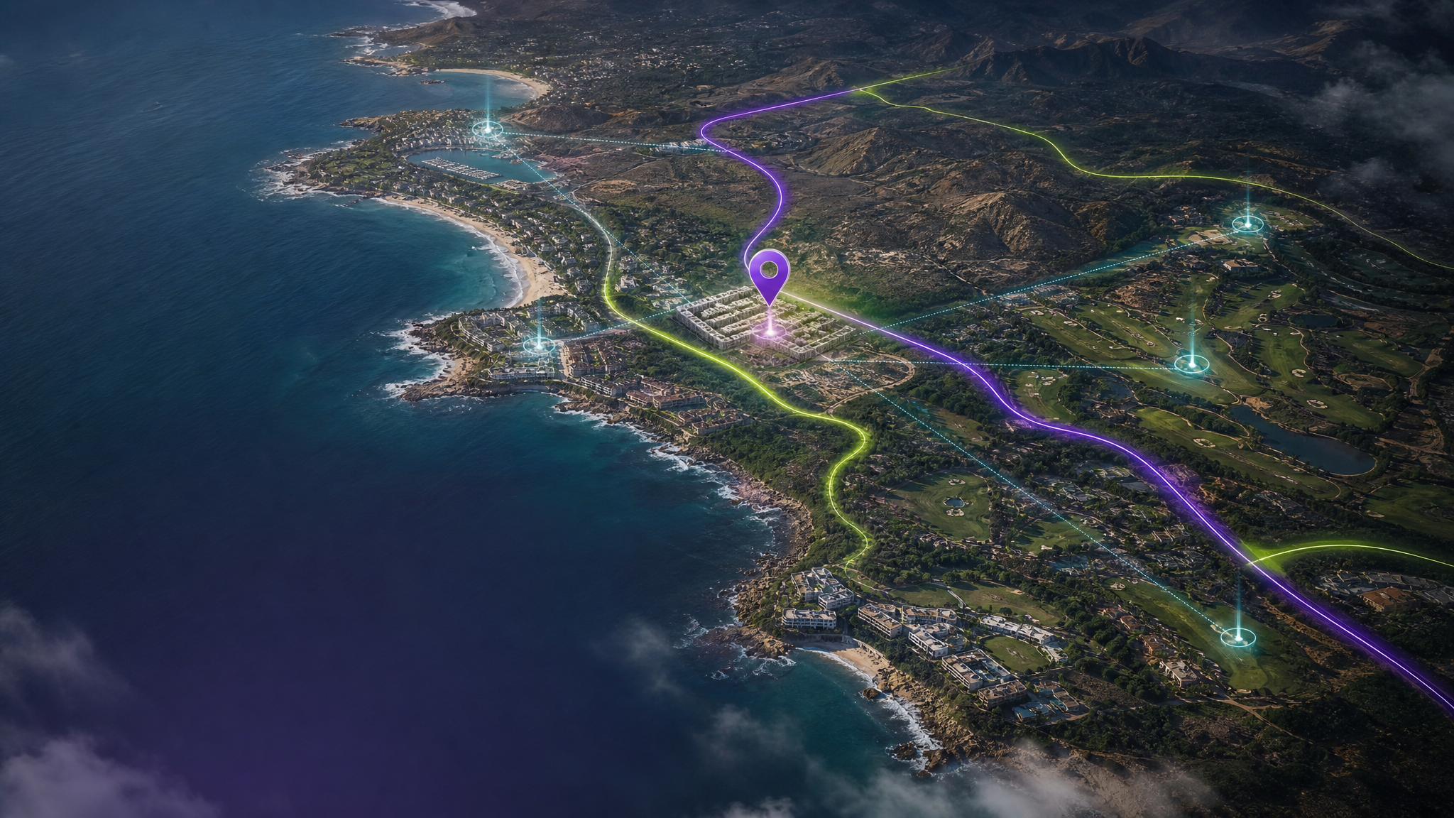 Vue aérienne enrichie avec accès, connexions et points d’intérêt autour du projet